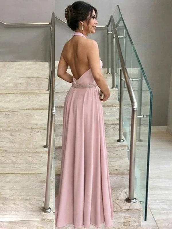 Graceful Chiffon A-Line Halter Keyhole Sleeveless Open Back Floor-Length Mother of the Bride Dresses