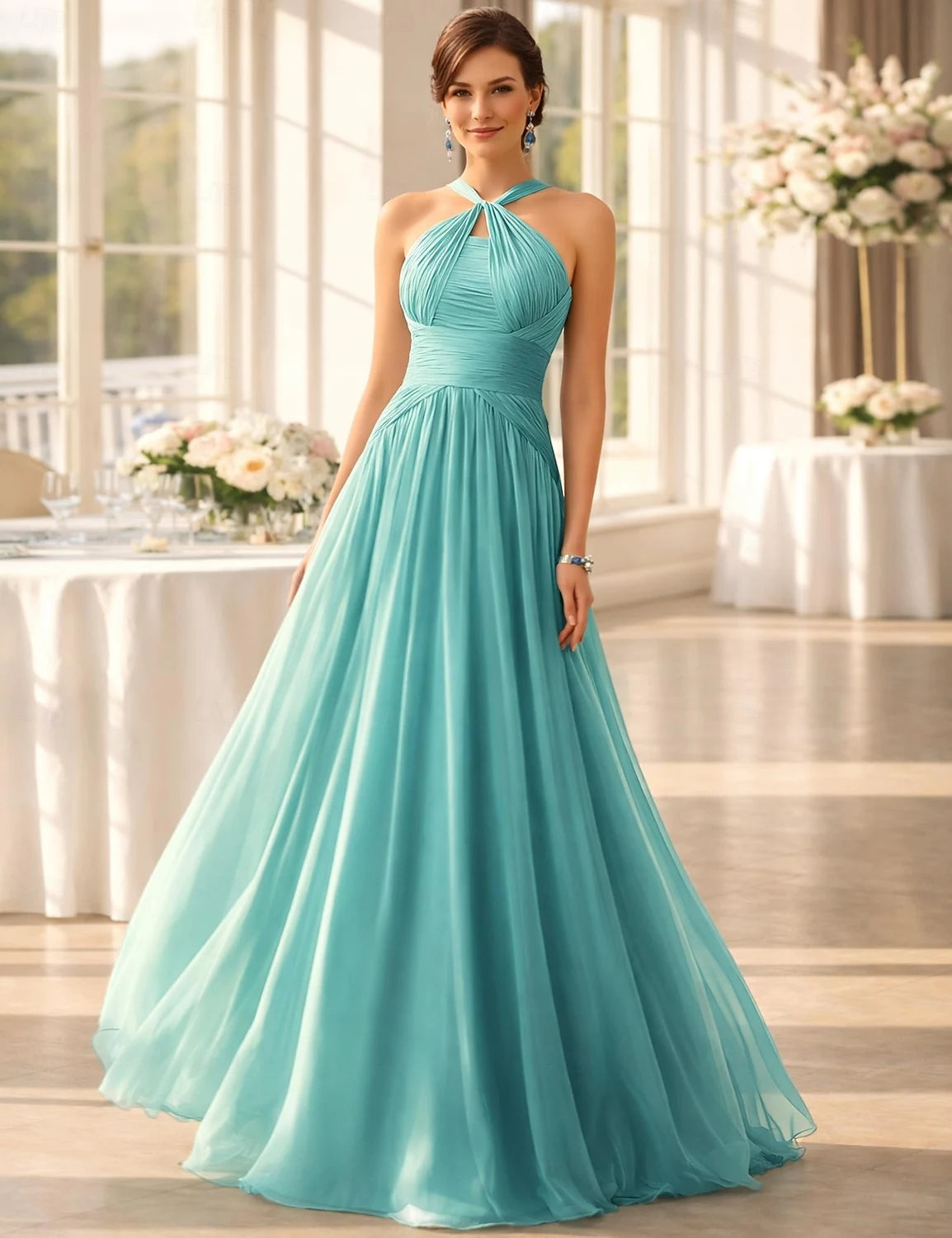 Graceful Chiffon A-Line Halter Neck Sleeveless Criss-Cross Back Floor-Length Prom Dresses