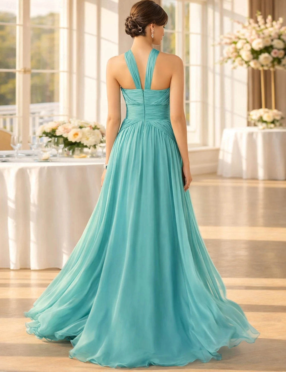 Graceful Chiffon A-Line Halter Neck Sleeveless Criss-Cross Back Floor-Length Prom Dresses