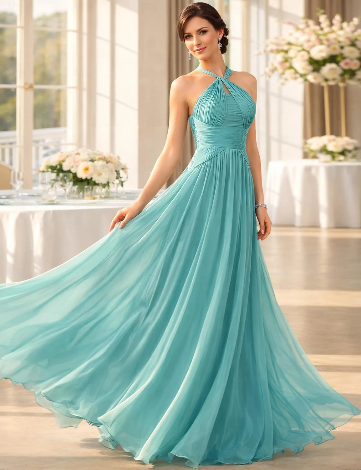 Graceful Chiffon A-Line Halter Neck Sleeveless Criss-Cross Back Floor-Length Prom Dresses