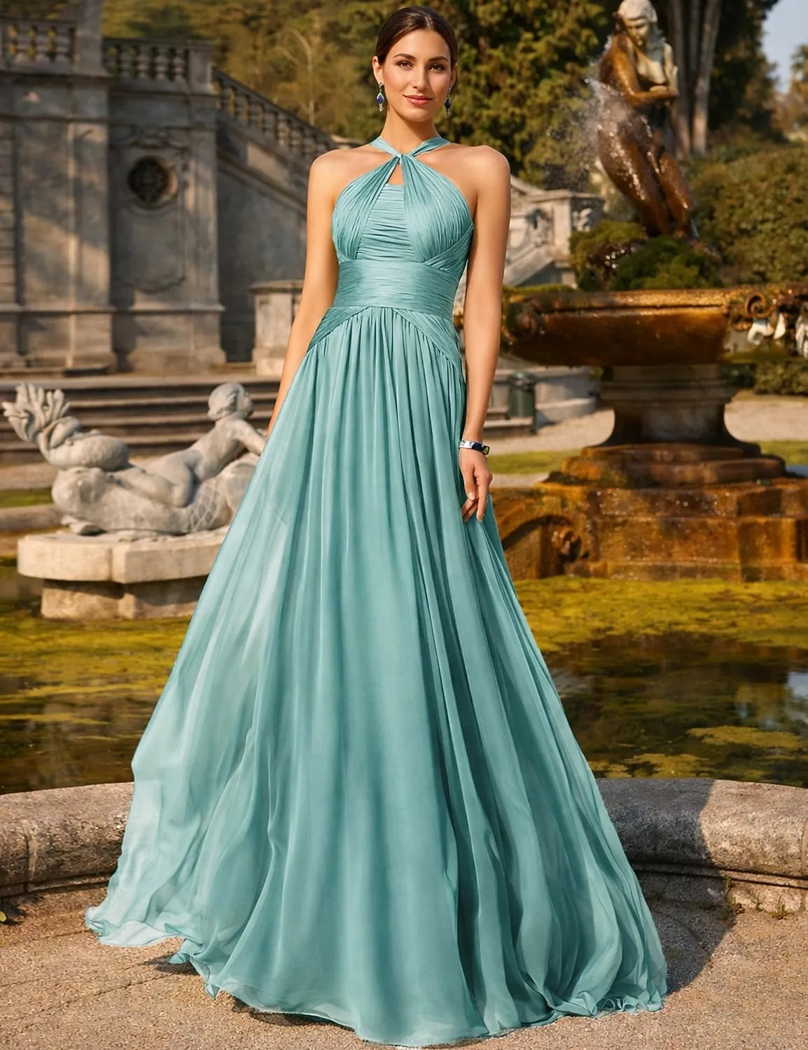 Graceful Chiffon A-Line Halter Neck Sleeveless Criss-Cross Back Floor-Length Prom Dresses