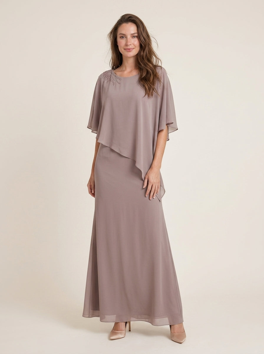 Graceful Chiffon A-Line Round Neck Cape Sleeve V-Back Floor-Length Mother of the Bride Dresses