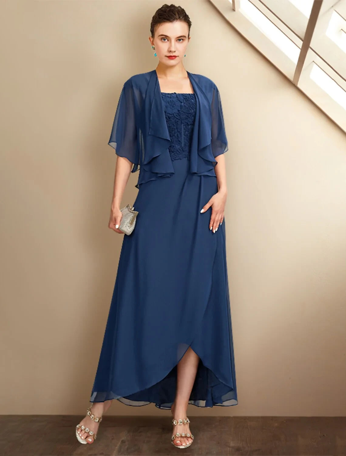 Graceful Chiffon A-Line Two Pieces Square Neck Lace Cap Sleeve Straight Back Floor-Length Mother of the Bride Dresses