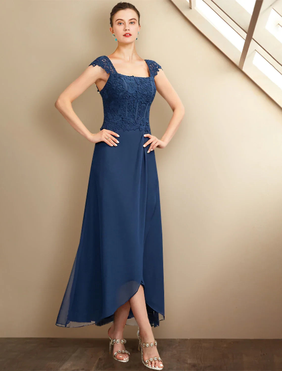 Graceful Chiffon A-Line Two Pieces Square Neck Lace Cap Sleeve Straight Back Floor-Length Mother of the Bride Dresses