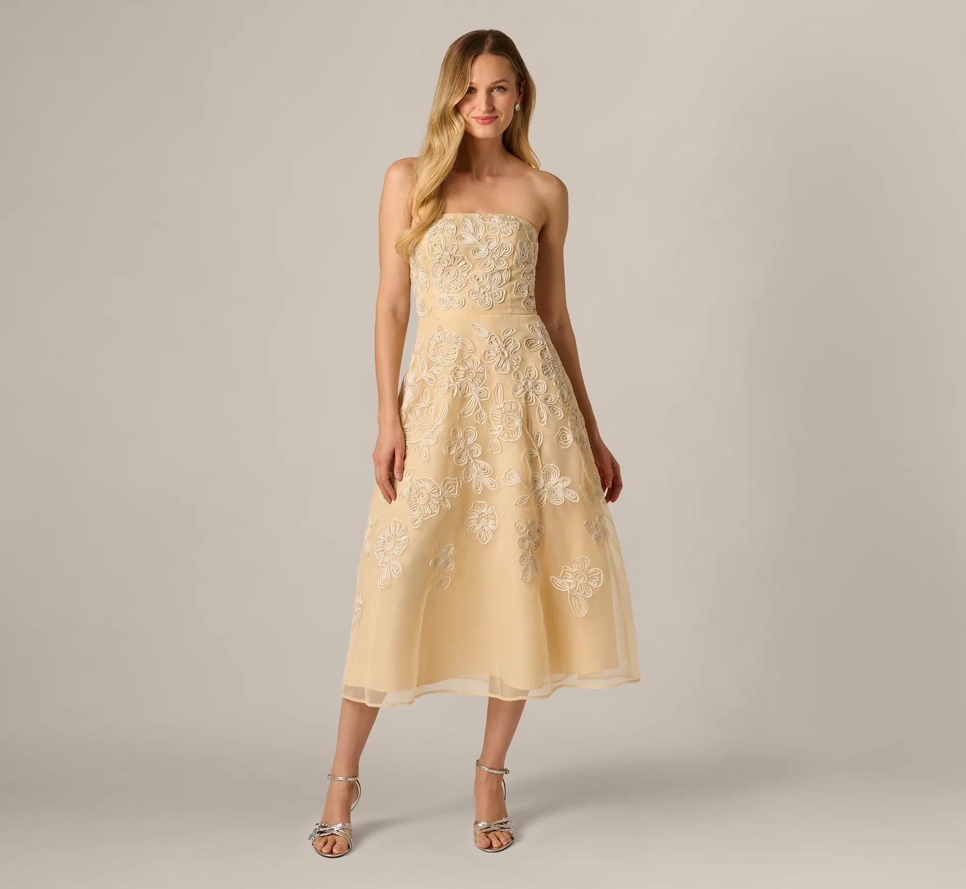 Graceful Chiffon A-Line Strapless Sleeveless Straight Back Midi Mother of the Bride Dresses