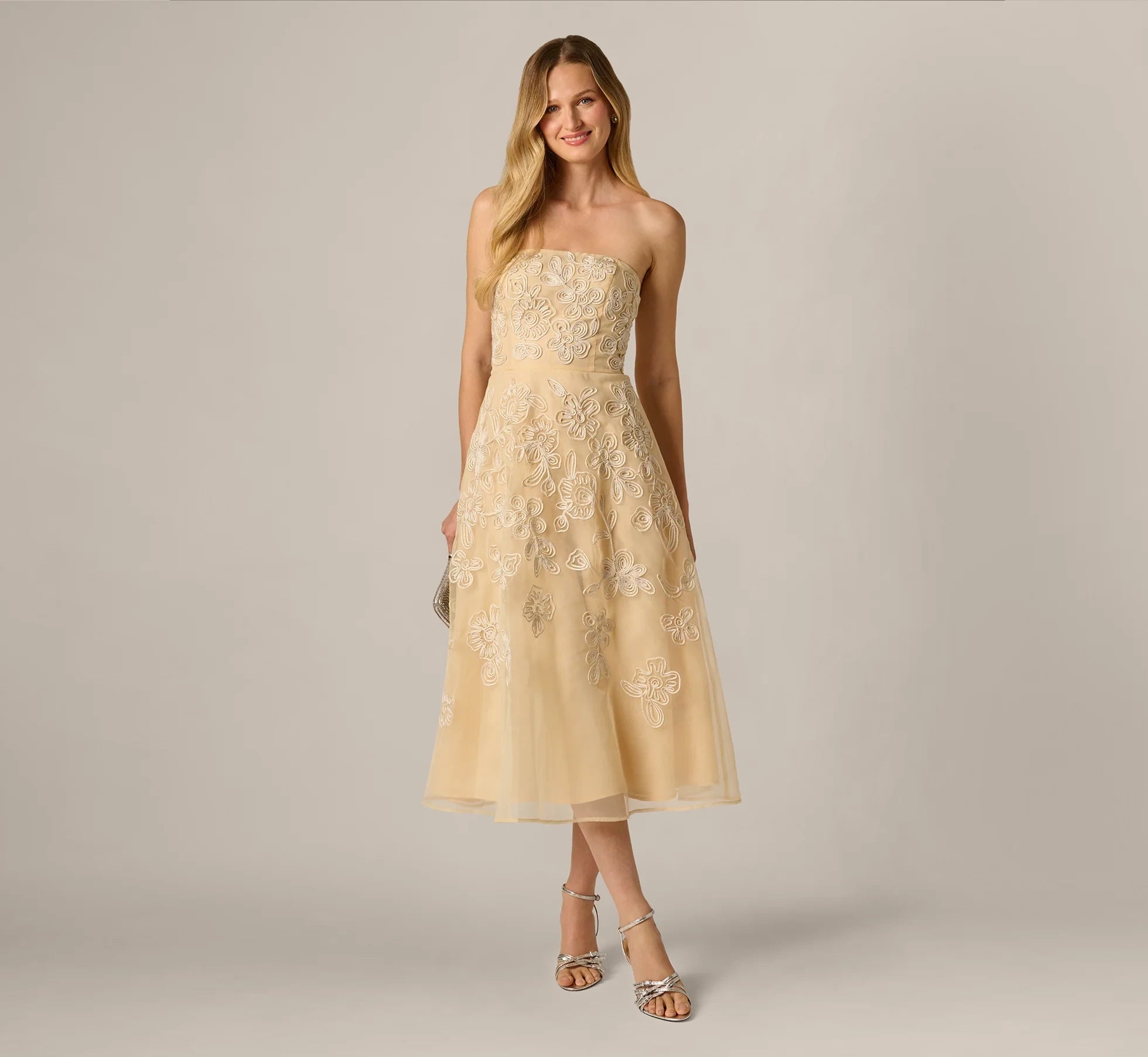 Graceful Chiffon A-Line Strapless Sleeveless Straight Back Midi Mother of the Bride Dresses