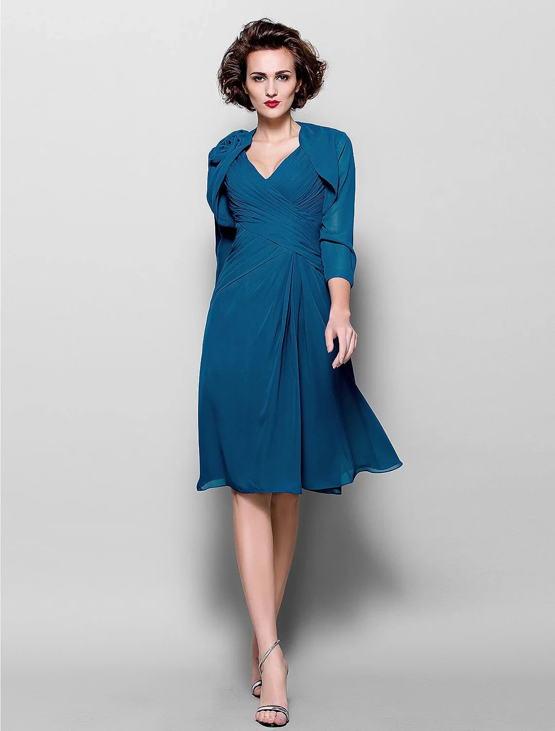 Graceful Chiffon A-Line Two Pieces V-Neck 3/4 Sleeve Ruched Back Knee-Length Mother of the Bride Dresses