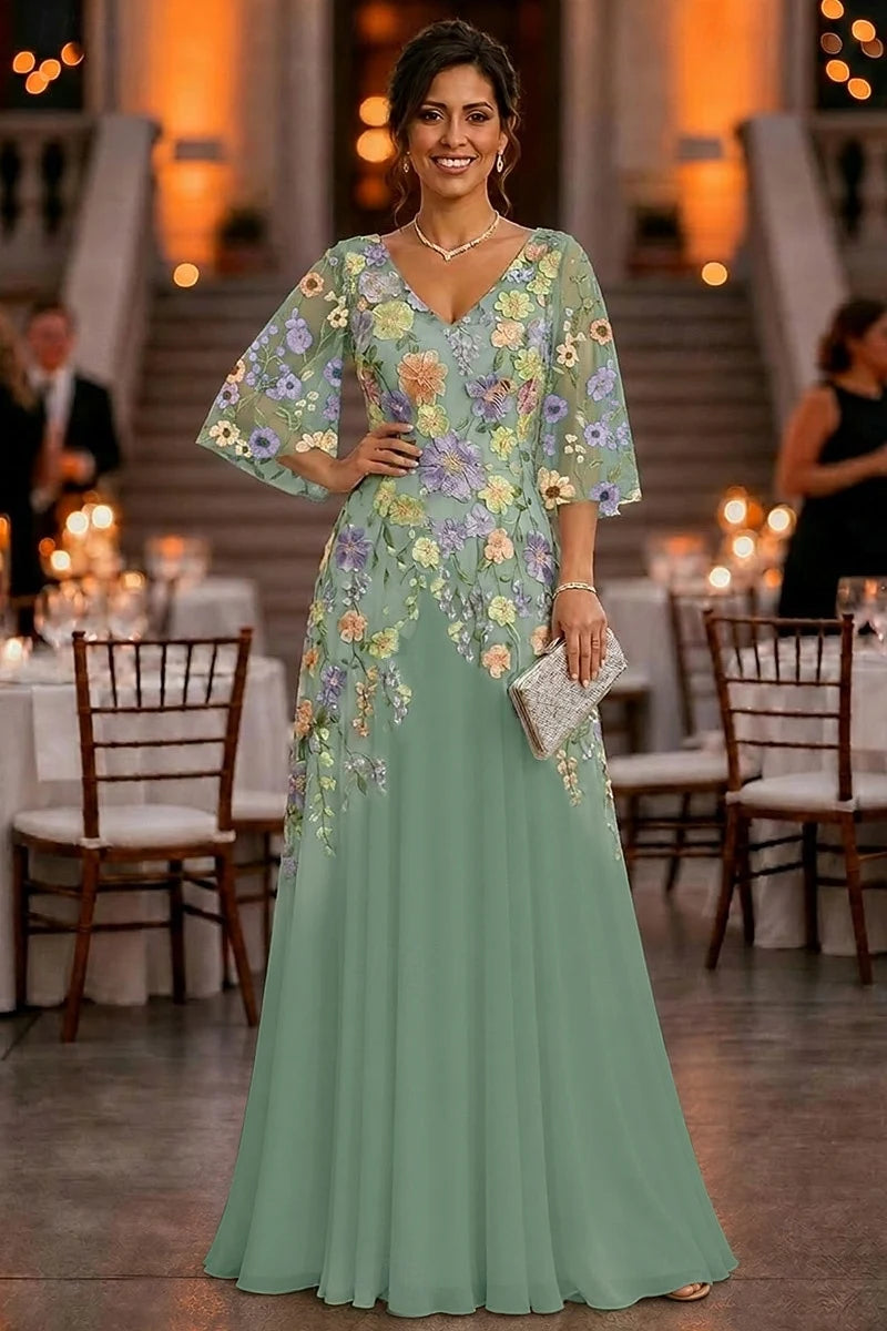 Graceful Chiffon A-Line V-Neck Bell Half Sleeves V-Back Floor-Length Mother of the Bride Dresses