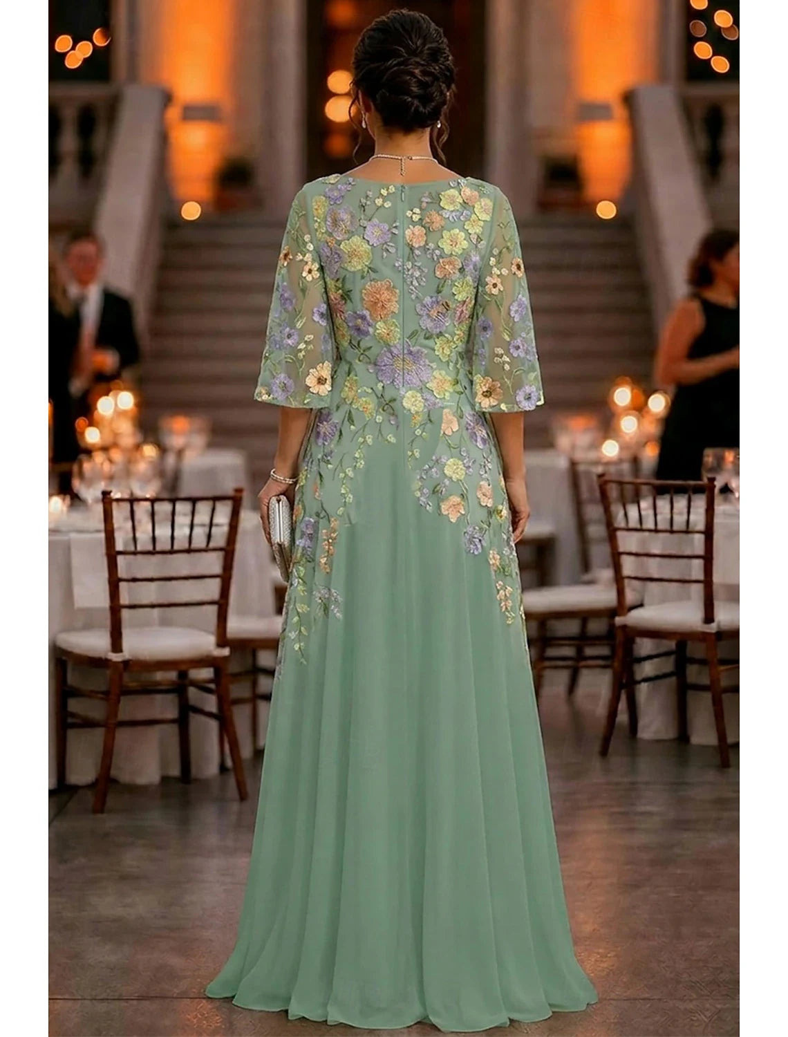 Graceful Chiffon A-Line V-Neck Bell Half Sleeves V-Back Floor-Length Mother of the Bride Dresses