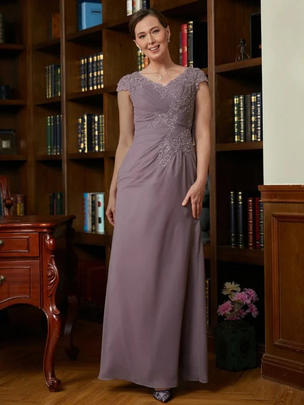 Graceful Chiffon A-Line V-Neck Cap Sleeve V-Back Floor-Length Mother of the Bride Dresses