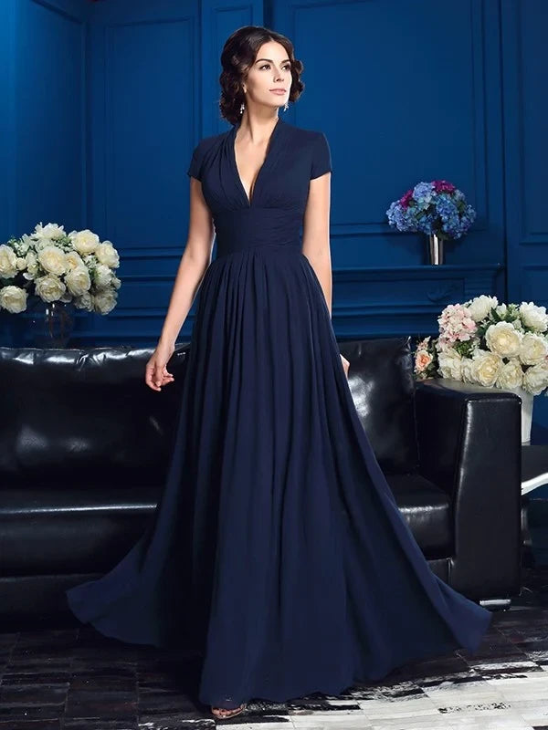 Graceful Chiffon A-Line V-Neck Cap Sleeves Zipper Back Floor-Length Mother of the Bride Dresses