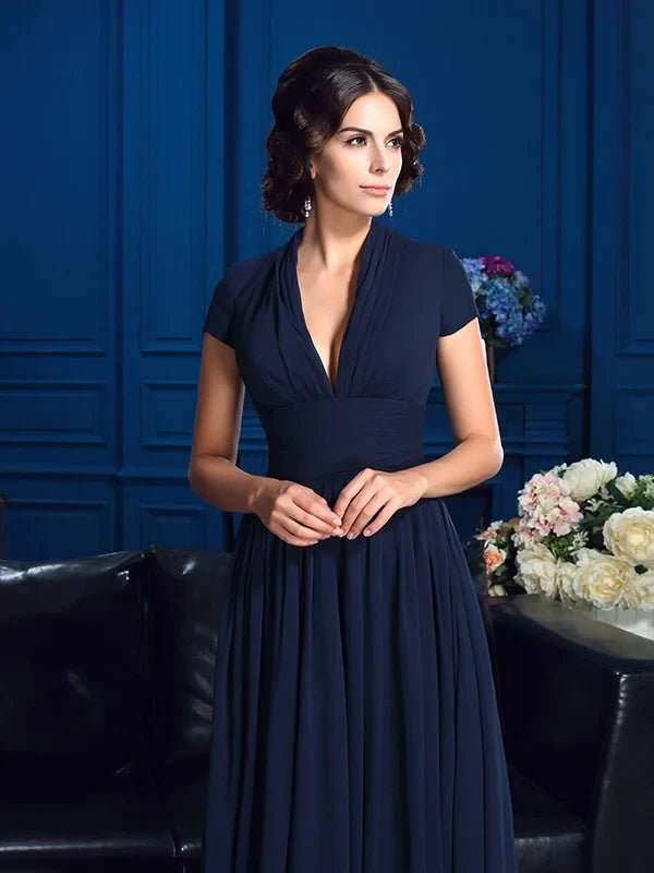 Graceful Chiffon A-Line V-Neck Cap Sleeves Zipper Back Floor-Length Mother of the Bride Dresses