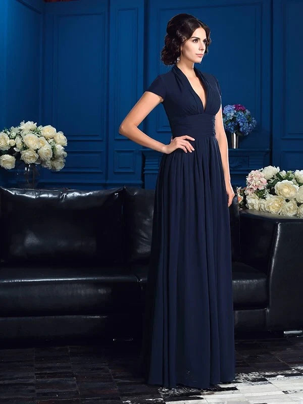 Graceful Chiffon A-Line V-Neck Cap Sleeves Zipper Back Floor-Length Mother of the Bride Dresses
