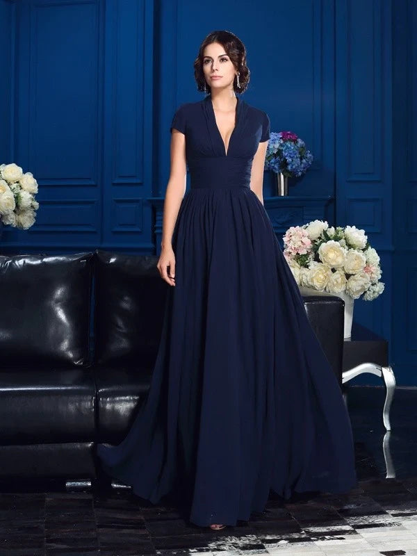 Graceful Chiffon A-Line V-Neck Cap Sleeves Zipper Back Floor-Length Mother of the Bride Dresses
