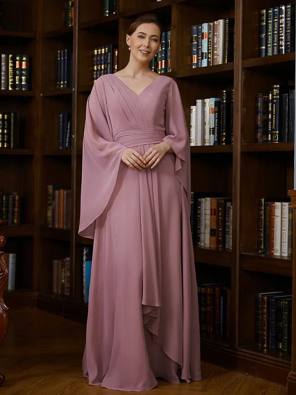 Graceful Chiffon A-Line V-Neck Cape Sleeve Zipper Back Floor-Length Mother of the Bride Dresses