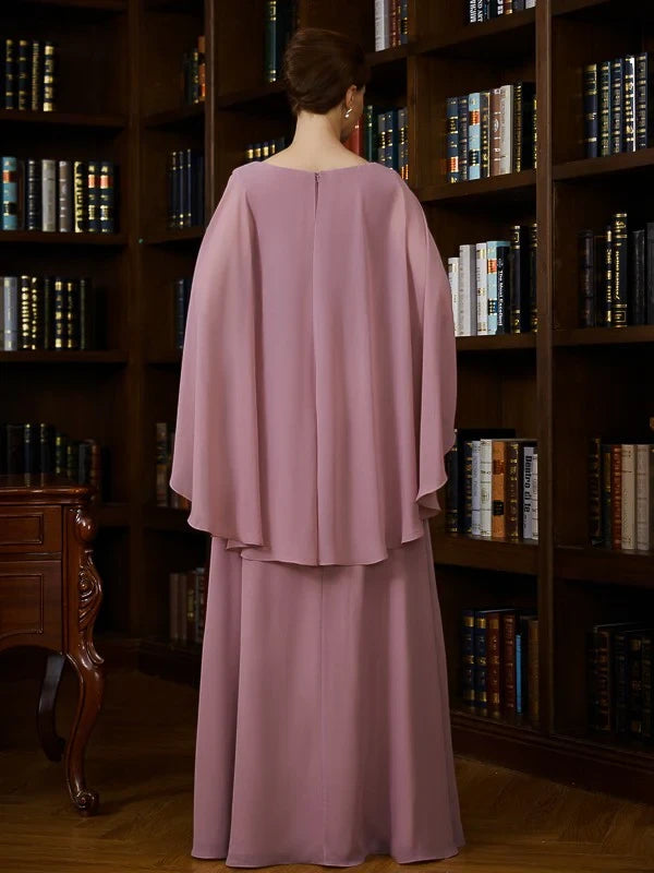 Graceful Chiffon A-Line V-Neck Cape Sleeve Zipper Back Floor-Length Mother of the Bride Dresses