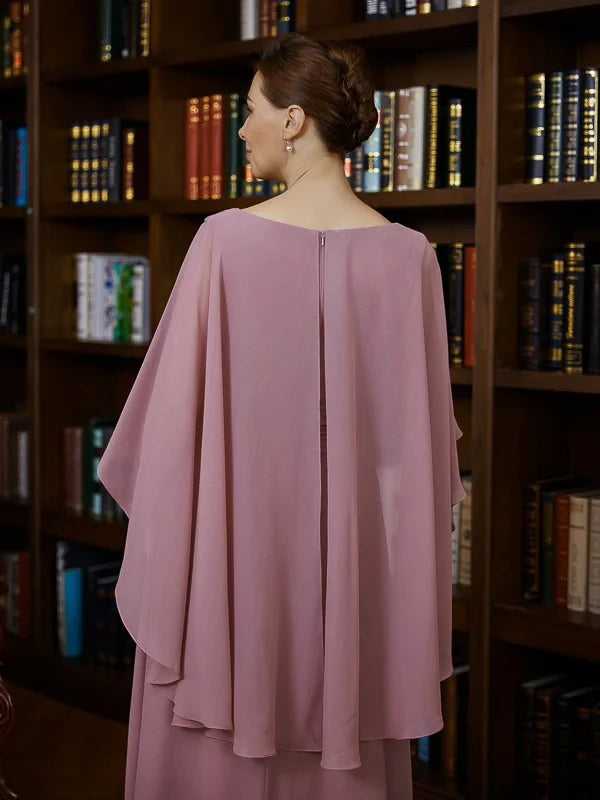 Graceful Chiffon A-Line V-Neck Cape Sleeve Zipper Back Floor-Length Mother of the Bride Dresses