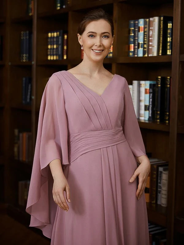 Graceful Chiffon A-Line V-Neck Cape Sleeve Zipper Back Floor-Length Mother of the Bride Dresses