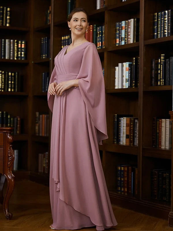 Graceful Chiffon A-Line V-Neck Cape Sleeve Zipper Back Floor-Length Mother of the Bride Dresses