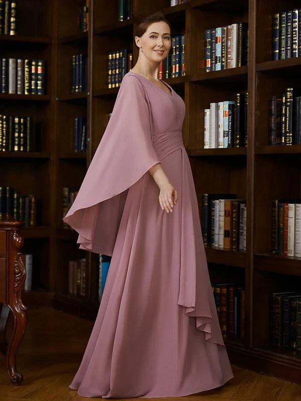 Graceful Chiffon A-Line V-Neck Cape Sleeve Zipper Back Floor-Length Mother of the Bride Dresses