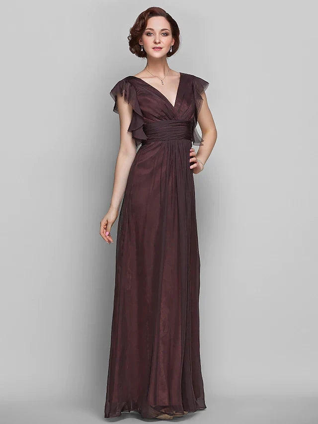Graceful Chiffon A-Line V-Neck Flutter Sleeve V-Back Floor-Length Mother of the Bride Dresses