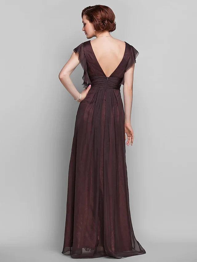Graceful Chiffon A-Line V-Neck Flutter Sleeve V-Back Floor-Length Mother of the Bride Dresses