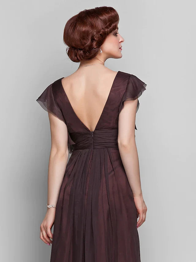 Graceful Chiffon A-Line V-Neck Flutter Sleeve V-Back Floor-Length Mother of the Bride Dresses