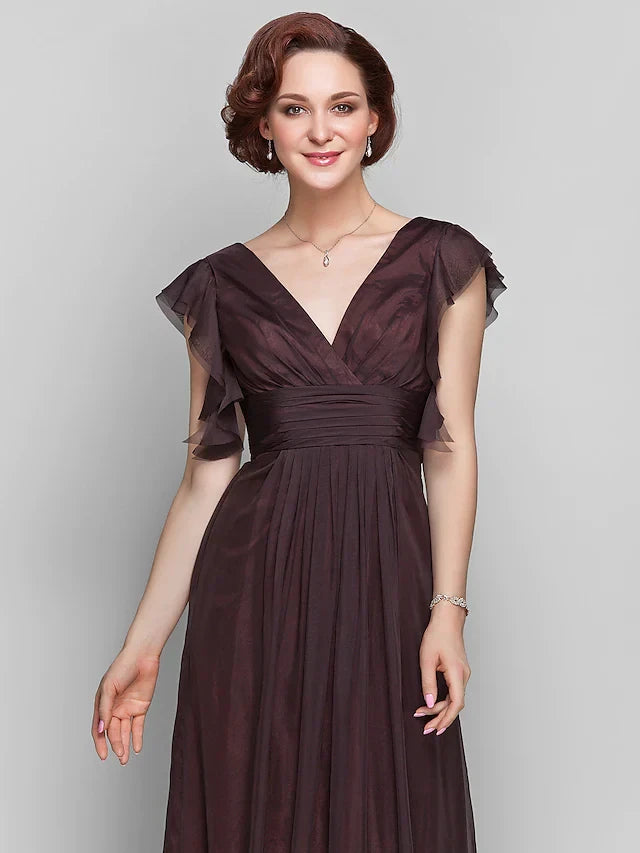 Graceful Chiffon A-Line V-Neck Flutter Sleeve V-Back Floor-Length Mother of the Bride Dresses