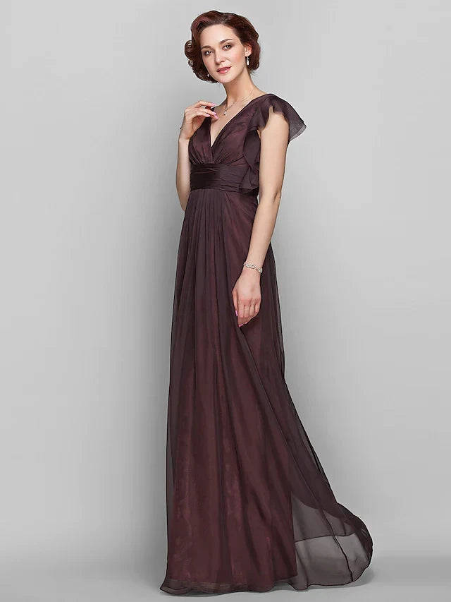 Graceful Chiffon A-Line V-Neck Flutter Sleeve V-Back Floor-Length Mother of the Bride Dresses