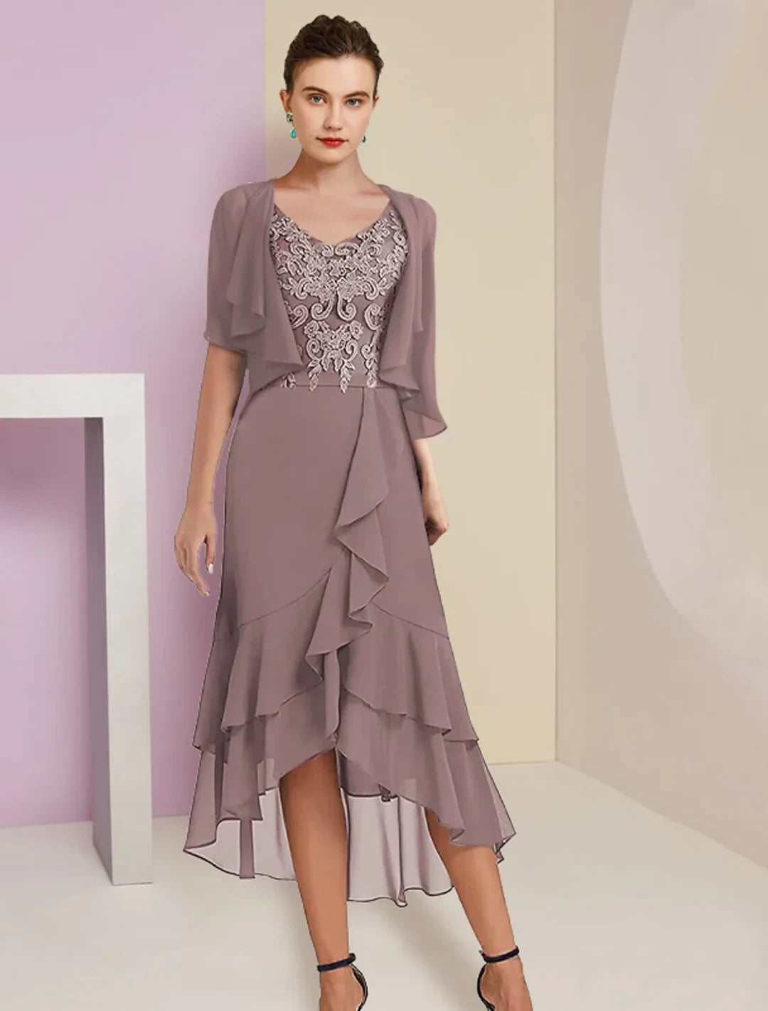Graceful Chiffon A-Line V-Neck Short Sleeves Lace-Up Back High-Low Two Pieces  Mother of the Bride Dresses