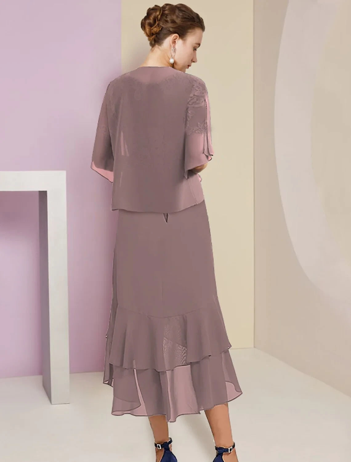 Graceful Chiffon A-Line V-Neck Short Sleeves Lace-Up Back High-Low Two Pieces  Mother of the Bride Dresses