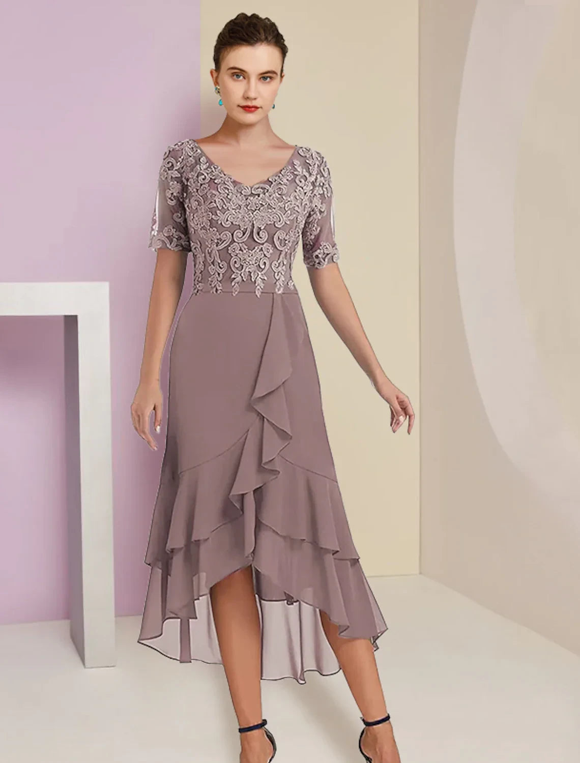 Graceful Chiffon A-Line V-Neck Short Sleeves Lace-Up Back High-Low Two Pieces  Mother of the Bride Dresses