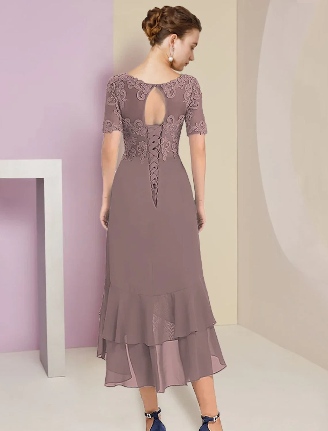 Graceful Chiffon A-Line V-Neck Short Sleeves Lace-Up Back High-Low Two Pieces  Mother of the Bride Dresses