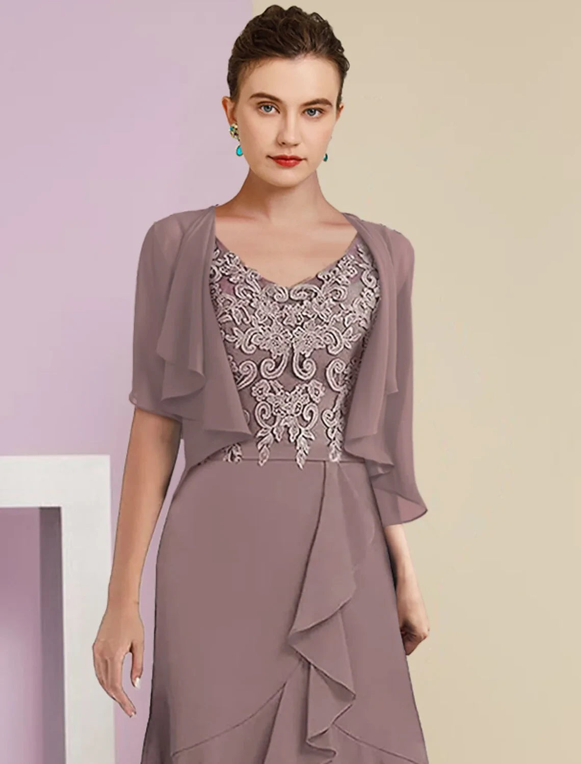 Graceful Chiffon A-Line V-Neck Short Sleeves Lace-Up Back High-Low Two Pieces  Mother of the Bride Dresses