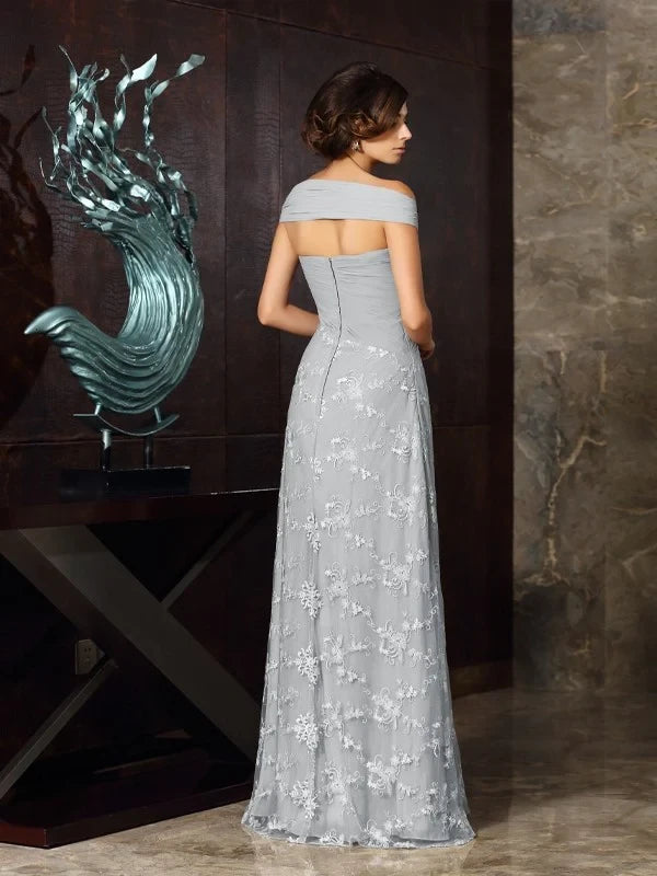Graceful Chiffon Lace A-Line Off-Shoulder Draped Cap Sleeve Zipper Back Floor-Length Mother of the Bride Dresses