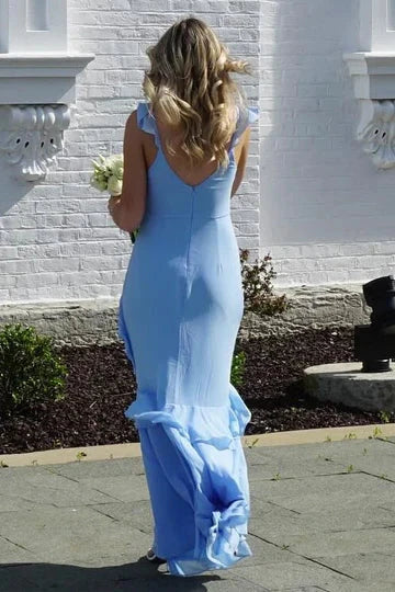 Graceful Chiffon Mermaid V-Neck Ruffle Cap Sleeves V-Back Maxi Evening Dresses