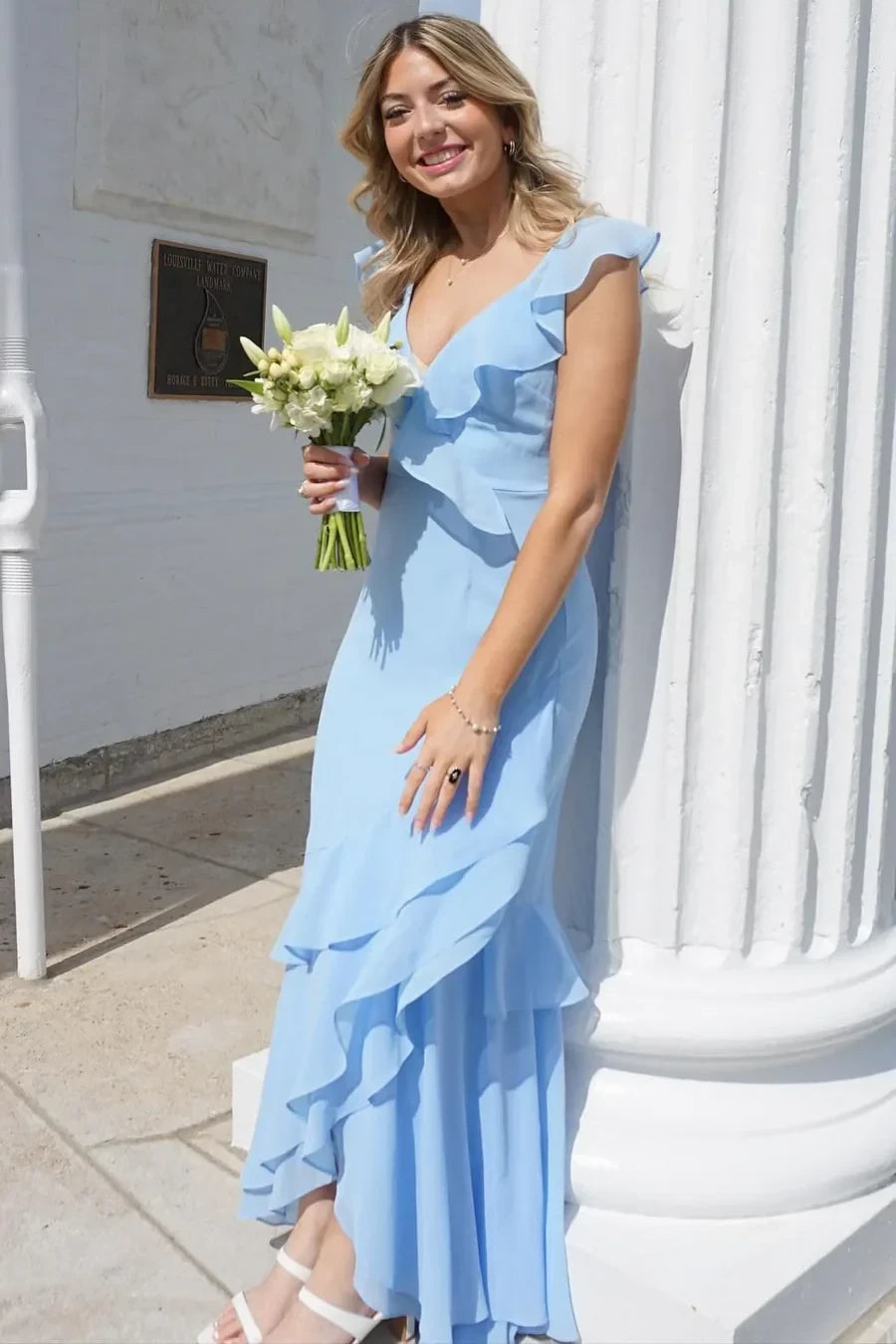 Graceful Chiffon Mermaid V-Neck Ruffle Cap Sleeves V-Back Maxi Evening Dresses