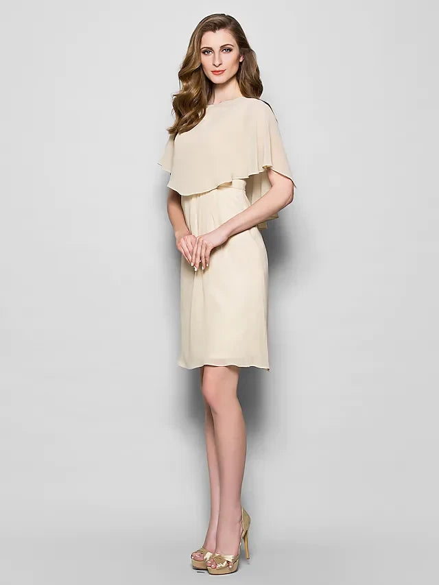 Graceful Chiffon Sheath Jewel Neck Short Flutter Sleeves V-Back Knee-Length Mother of the Bride Dresses