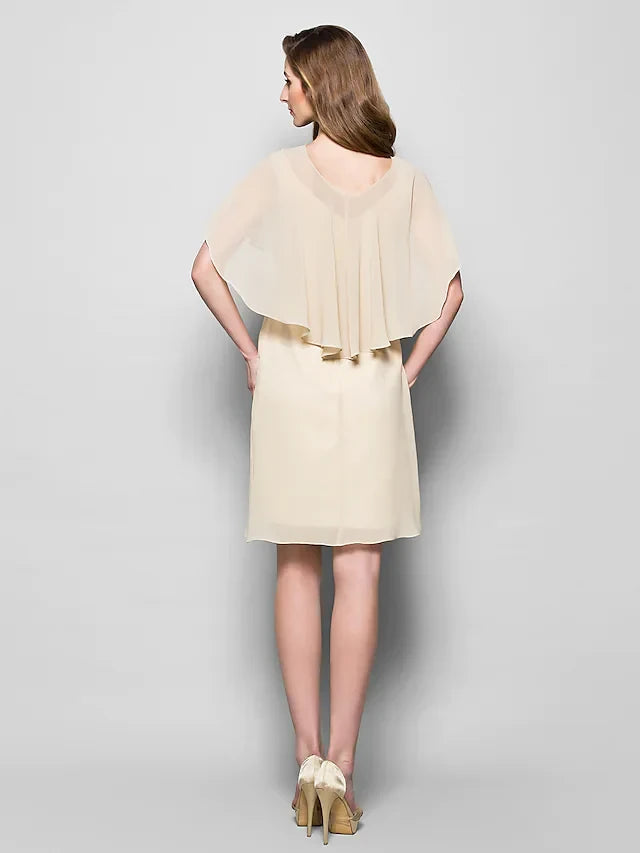 Graceful Chiffon Sheath Jewel Neck Short Flutter Sleeves V-Back Knee-Length Mother of the Bride Dresses