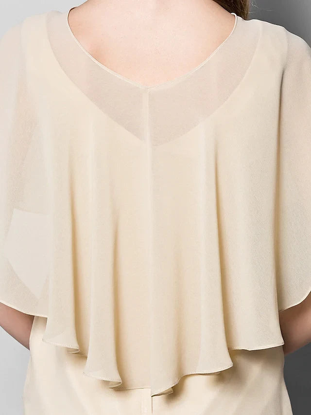 Graceful Chiffon Sheath Jewel Neck Short Flutter Sleeves V-Back Knee-Length Mother of the Bride Dresses
