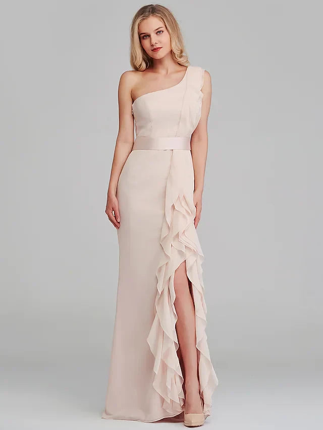 Graceful Chiffon Sheath One-Shoulder Sleeveless Draped Back Floor-Length Bridesmaid Dresses