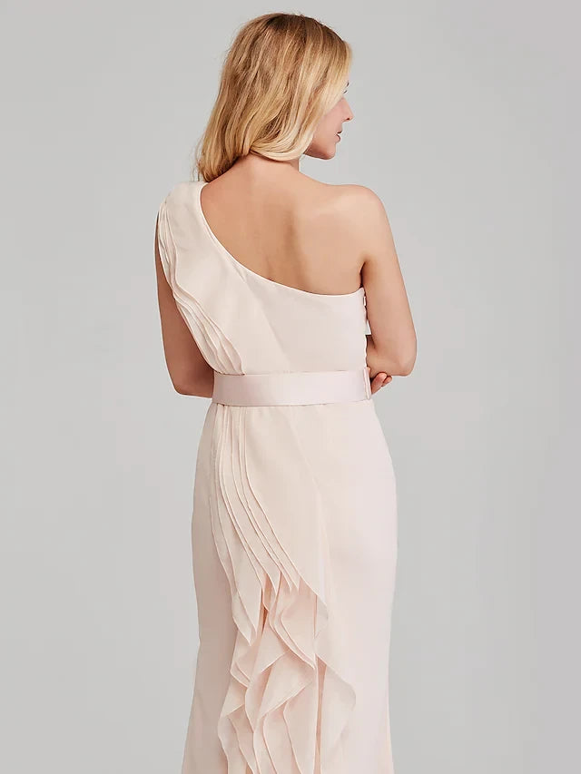 Graceful Chiffon Sheath One-Shoulder Sleeveless Draped Back Floor-Length Bridesmaid Dresses