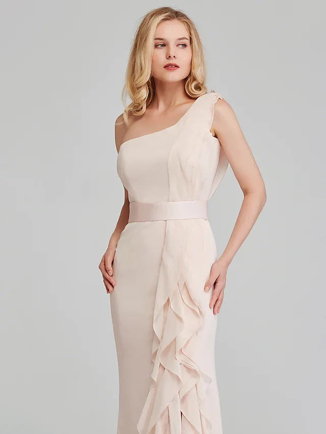 Graceful Chiffon Sheath One-Shoulder Sleeveless Draped Back Floor-Length Bridesmaid Dresses