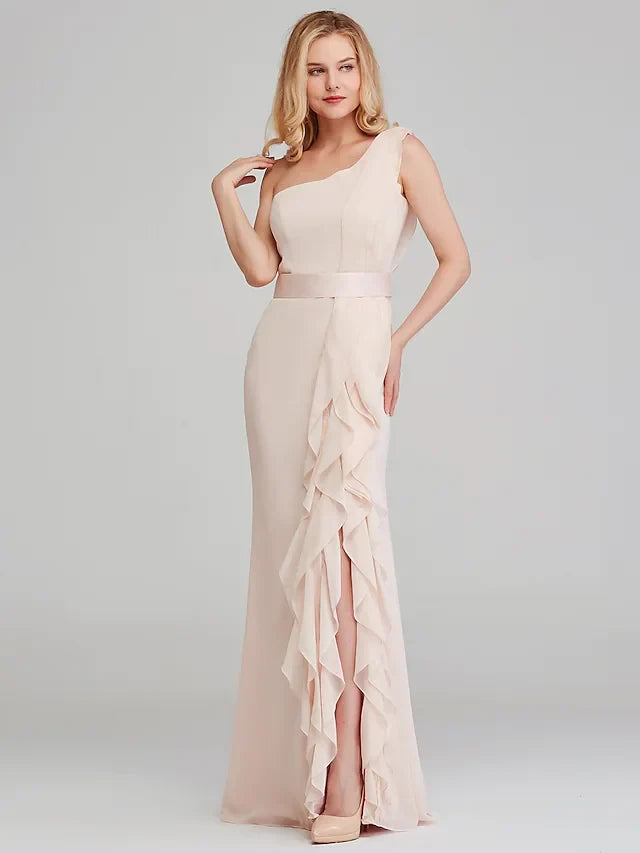Graceful Chiffon Sheath One-Shoulder Sleeveless Draped Back Floor-Length Bridesmaid Dresses