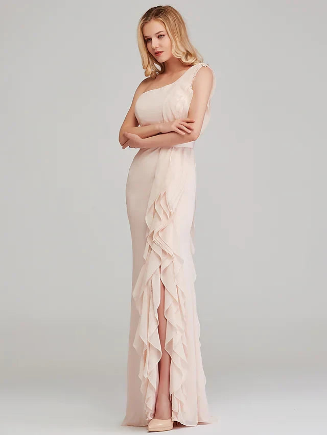 Graceful Chiffon Sheath One-Shoulder Sleeveless Draped Back Floor-Length Bridesmaid Dresses