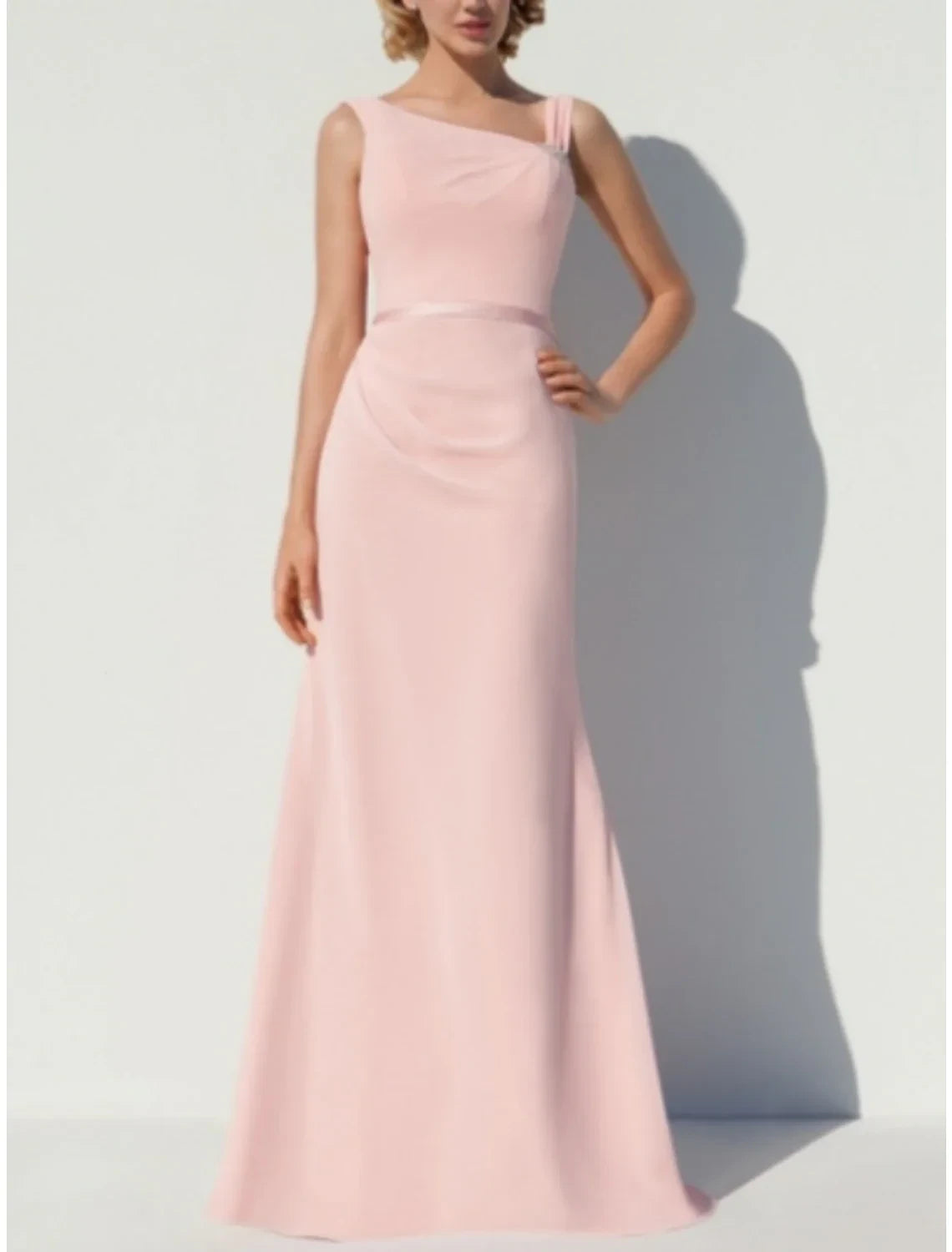 Graceful Chiffon Sheath One-Shoulder Sleeveless Draped Cowl Back Floor-Length Bridesmaid Dresses