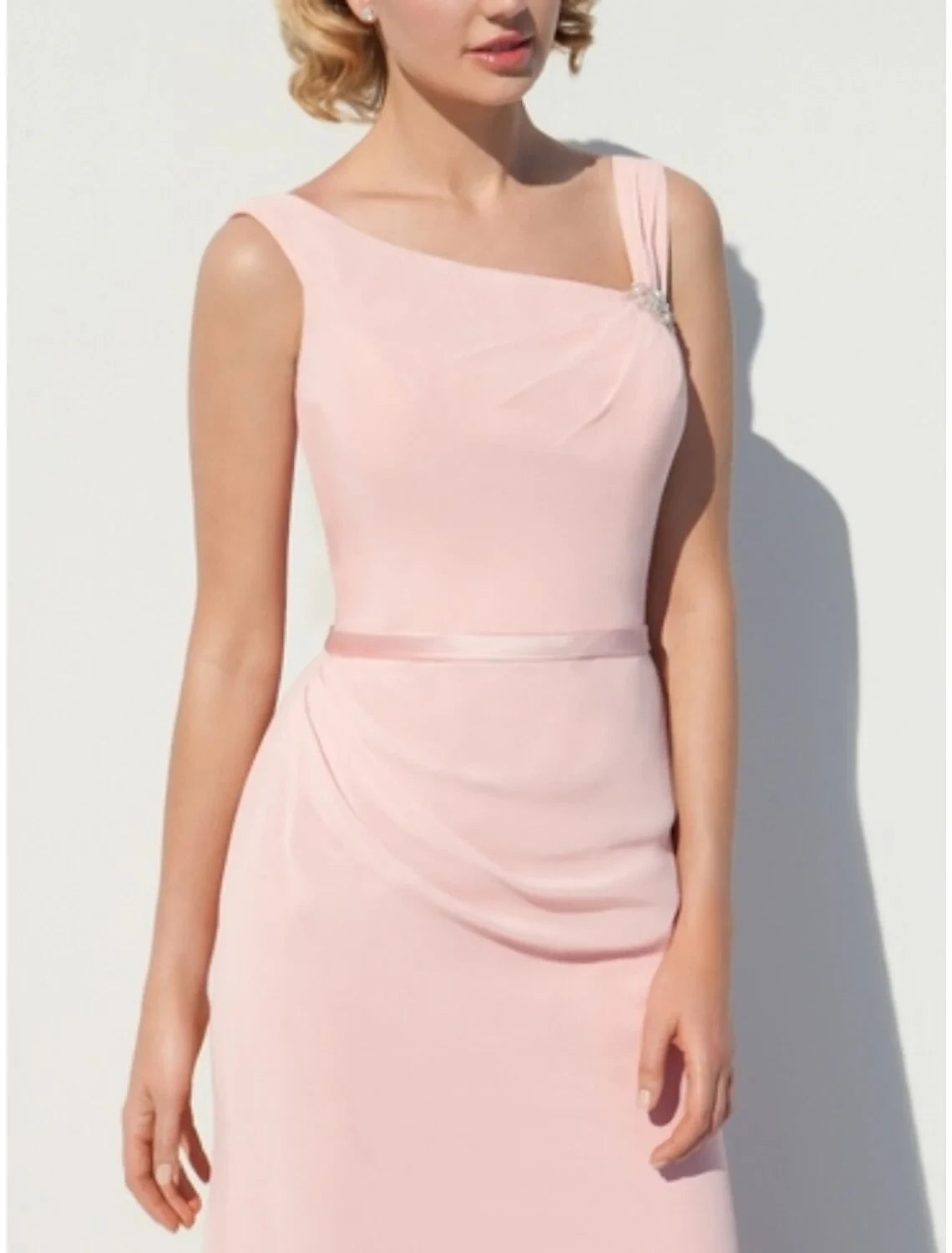 Graceful Chiffon Sheath One-Shoulder Sleeveless Draped Cowl Back Floor-Length Bridesmaid Dresses