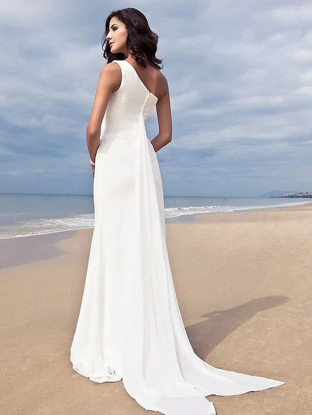 Graceful Chiffon Sheath One-Shoulder Sleeveless Simple Back Floor-Length Wedding Dresses