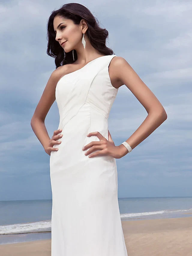 Graceful Chiffon Sheath One-Shoulder Sleeveless Simple Back Floor-Length Wedding Dresses