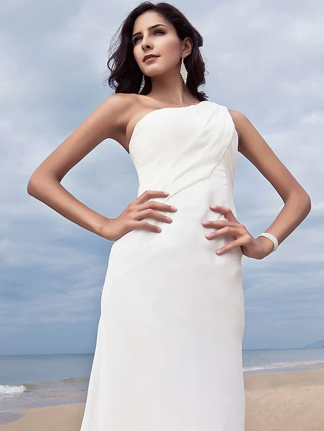 Graceful Chiffon Sheath One-Shoulder Sleeveless Simple Back Floor-Length Wedding Dresses